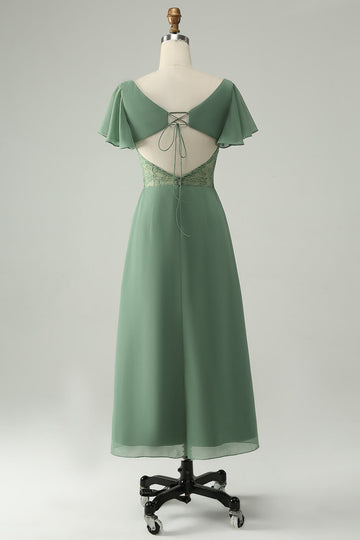 En linje Eucalyptus Square Neck Chiffon brudepike kjole med Slit